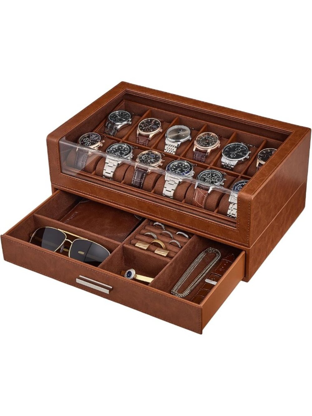 12-Slot Brown Watch Box Display for Men - Elegant Storage Organizer
